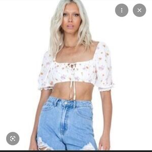 Princess Polly White Floral Puff Sleeve Crop
